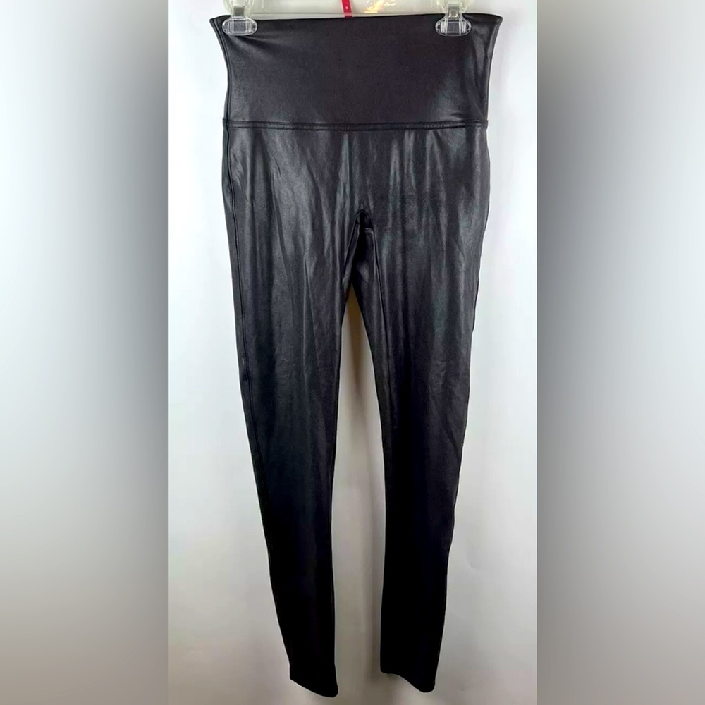 SPANX Black Faux Leather Leggings Large High Waist Washable Shapewear  #2437
